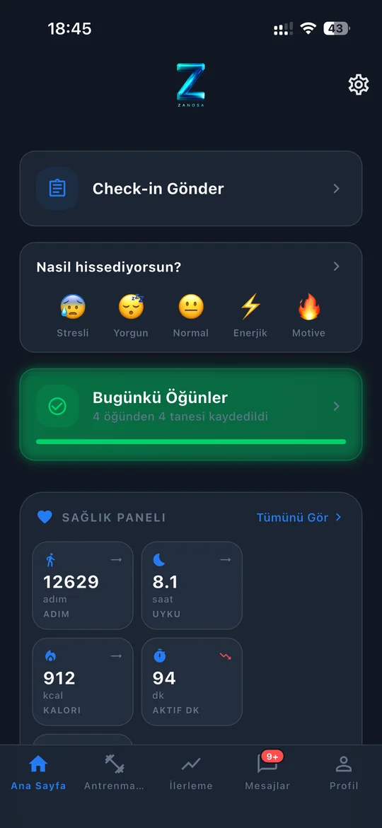 Zanosa app home screen showing check-in, mood tracking, and health panel