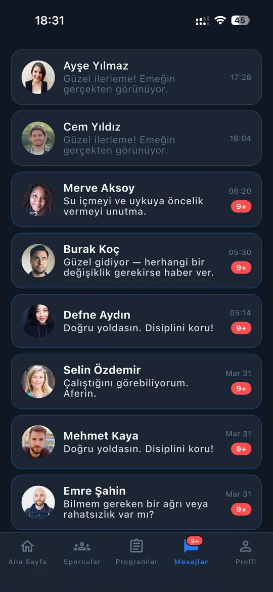 Coach-athlete messaging with check-in conversations